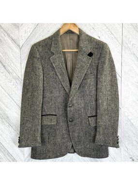 Vintage Harris Tweed Blazer Sport Coat Jacket Mens 36R Herringbone Wool Gray